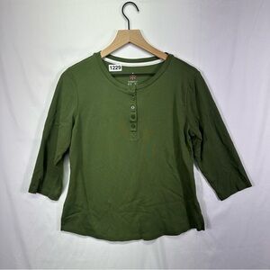 Isaac Mizrahi Live Essentials Olive Green Henley Top 3/4 Sleeve Size M
